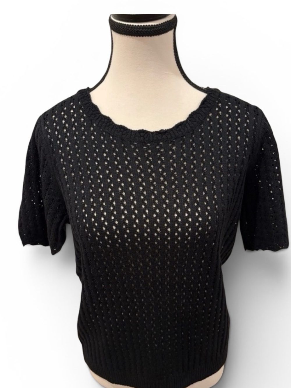 Loft Black Scalloped Crochet Sweater Tee w Keyhole in Back, Women’s Size S
